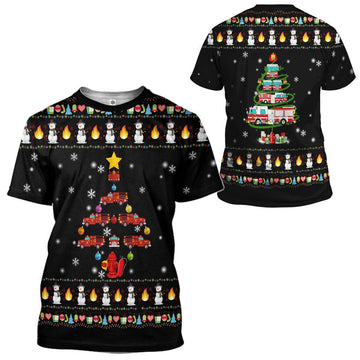 Gearhumans 3D Firefighter Truck Tree Ugly Christmas Sweater Custom Tshirt Apparel