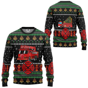 Gearhumans 3D Firefighter Truck Ugly Christmas Sweater Custom Sweatshirt Apparel