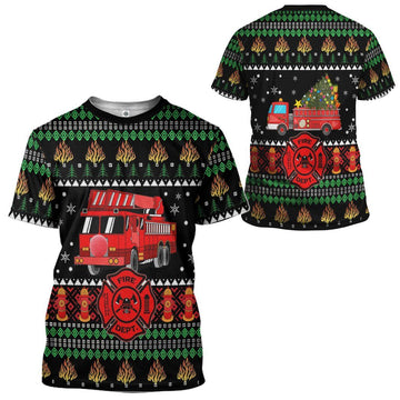 Gearhumans 3D Firefighter Truck Ugly Christmas Sweater Custom Tshirt Apparel