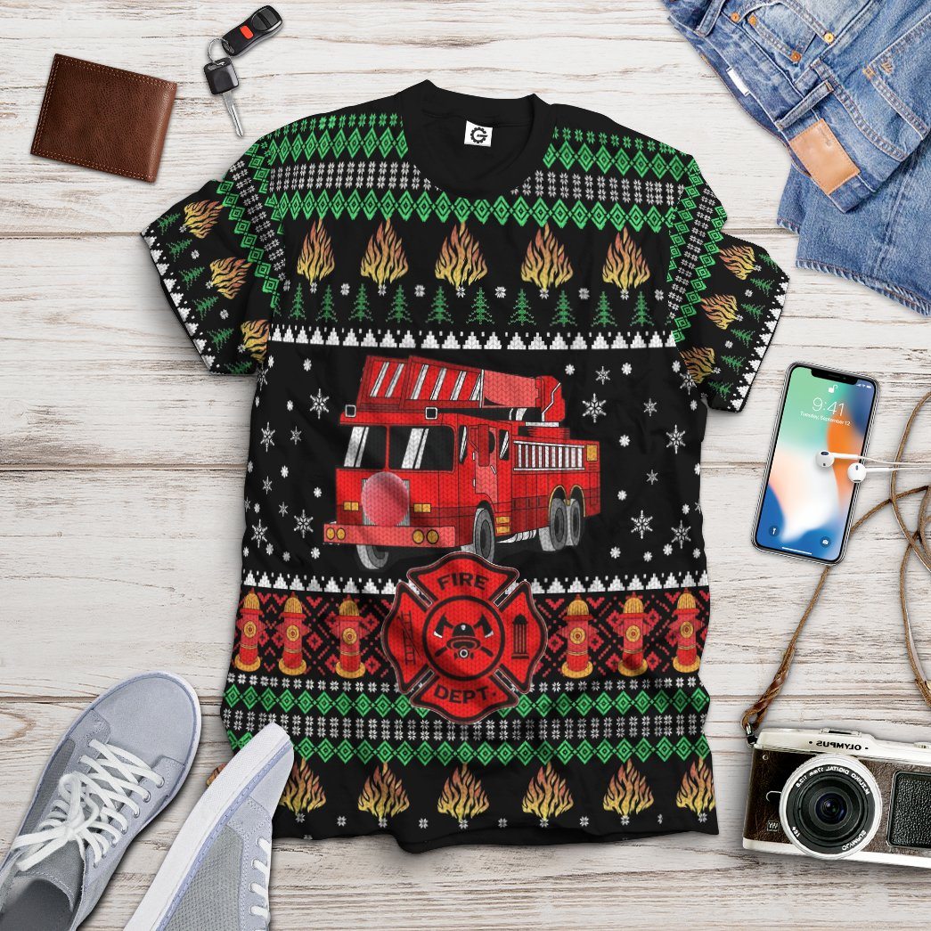 Gearhuman 3D Firefighter Truck Ugly Christmas Sweater Custom Tshirt Apparel GV081030 3D T-shirt 