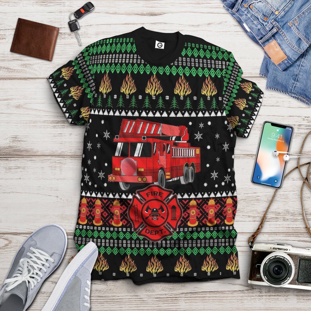 Gearhumans 3D Firefighter Truck Ugly Christmas Sweater Custom Tshirt Apparel