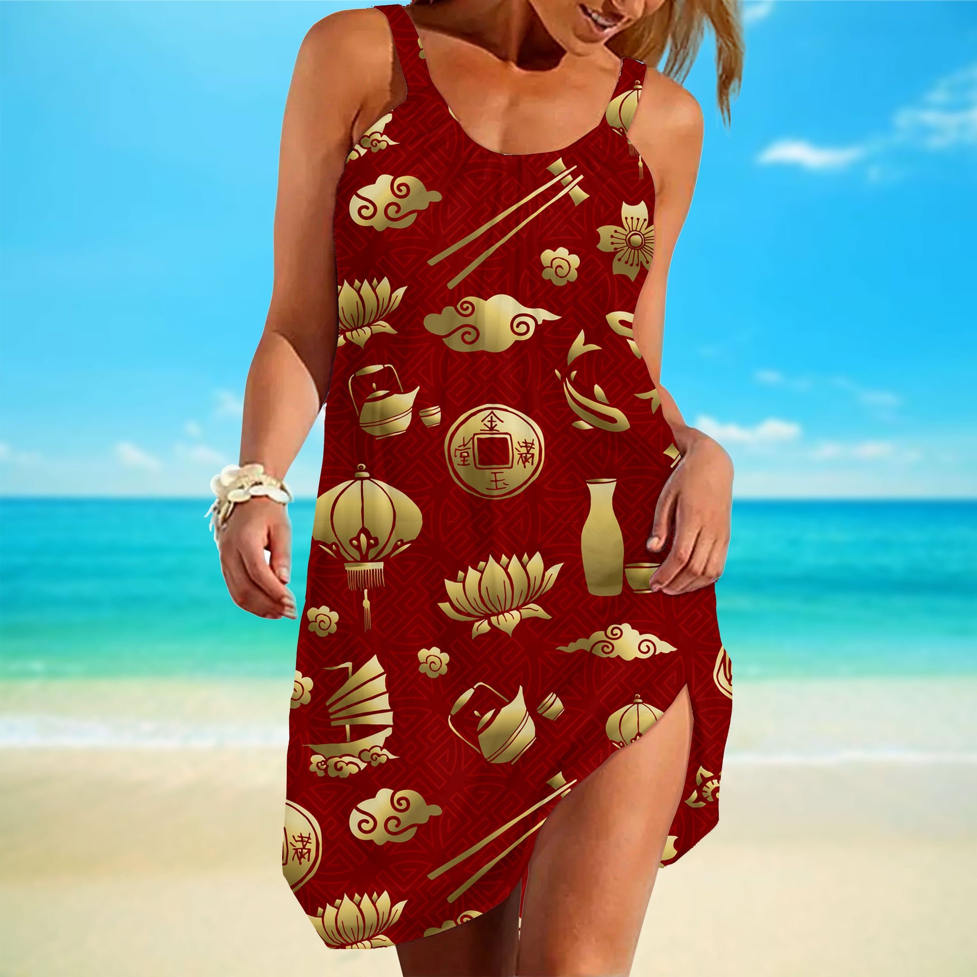 Gearhuman 3D Gold Asian Culture Sleeveless Beach Dress ZK0406217 Beach Dress 
