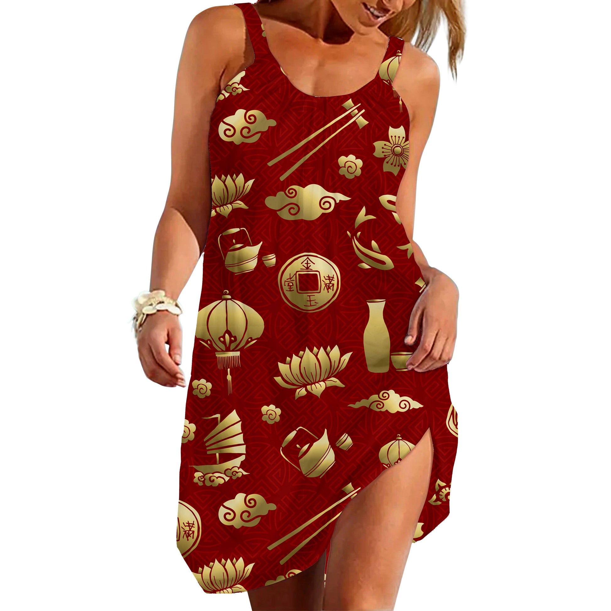 Gearhuman 3D Gold Asian Culture Sleeveless Beach Dress ZK0406217 Beach Dress Beach Dress S 