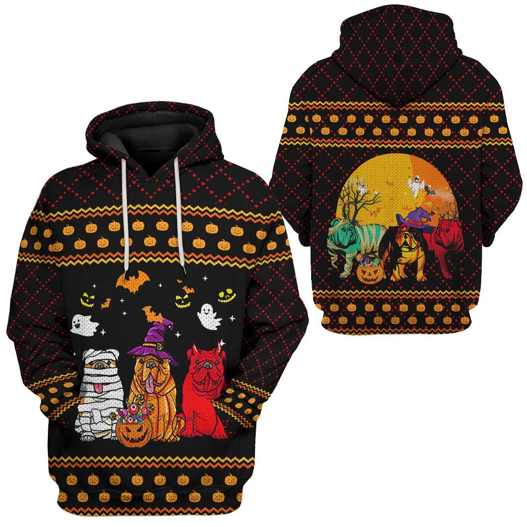 Gearhuman 3D Halloween Bulldog Ugly Sweater Custom Hoodie Apparel GV27084 3D Custom Fleece Hoodies 