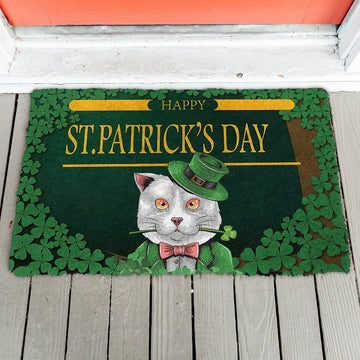Gearhumans 3D Happy St Patrick Day White Cat Custom Doormat