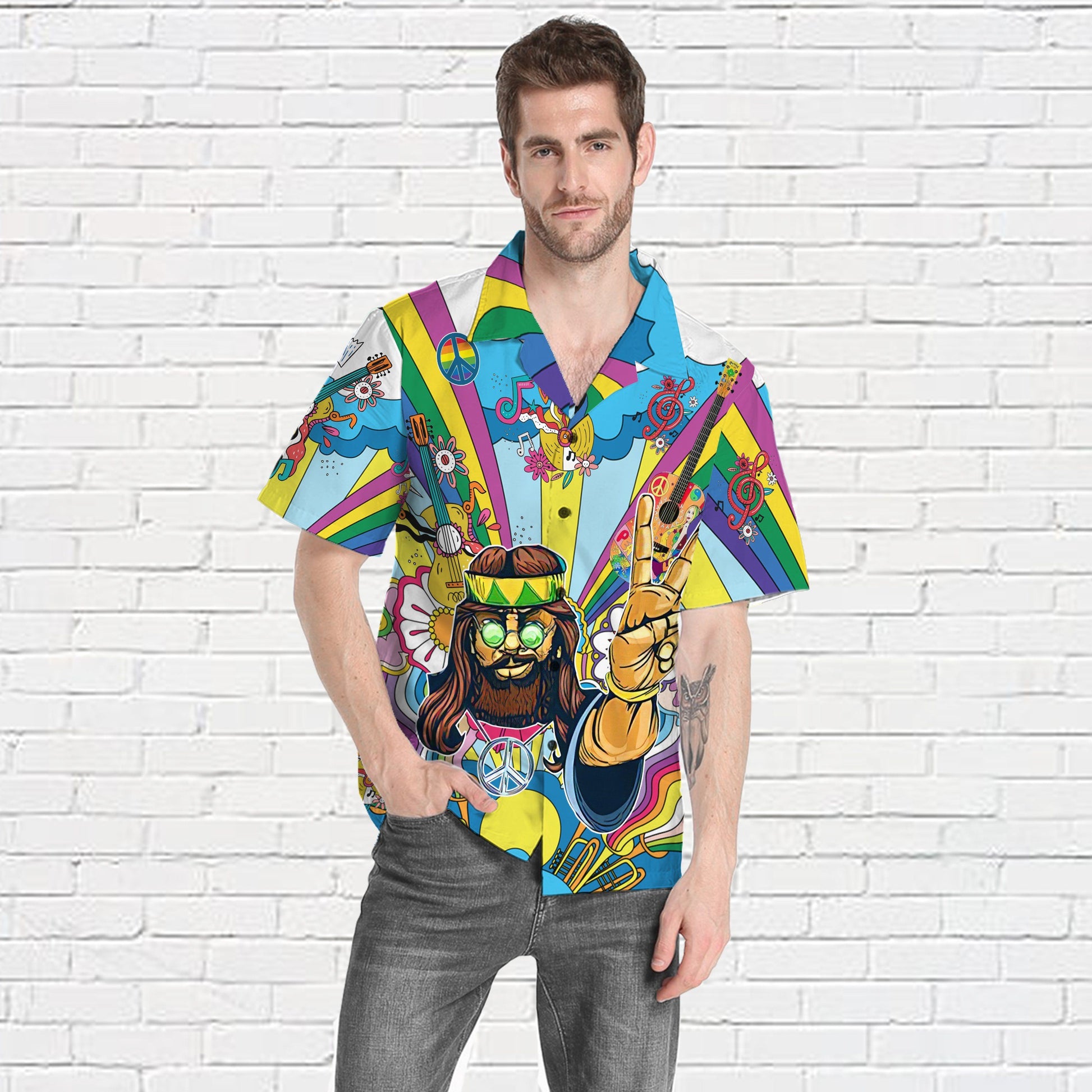 Gearhuman 3D Hippie Men With Guitar Custom Hawaii Shirt GS06072110 Hawai Shirt 