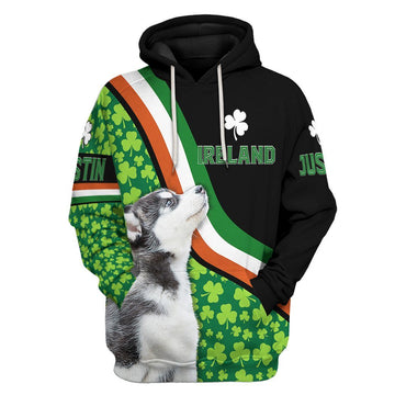 Gearhumans 3D Ireland St Patrick Day Husky Custom Name Tshirt Hoodie Apparel