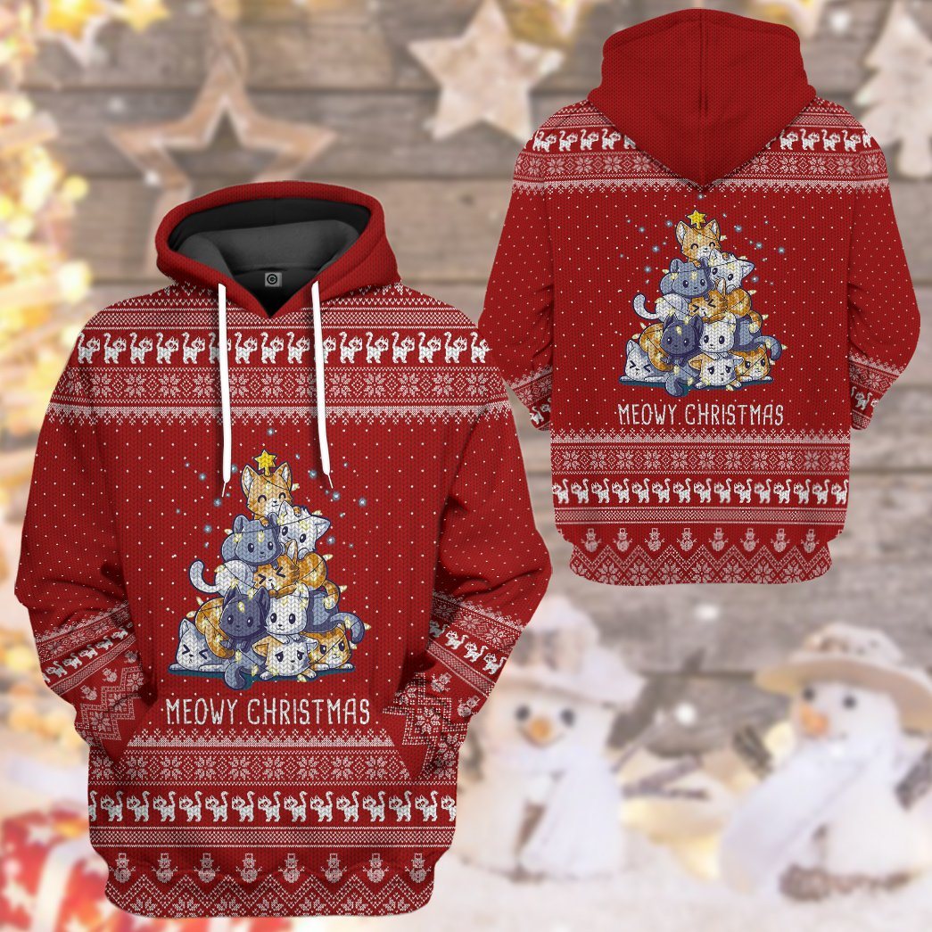 Gearhuman 3D Meowy Christmas Tree Custom Tshirt Hoodie Apparel GC04111 3D Apparel 