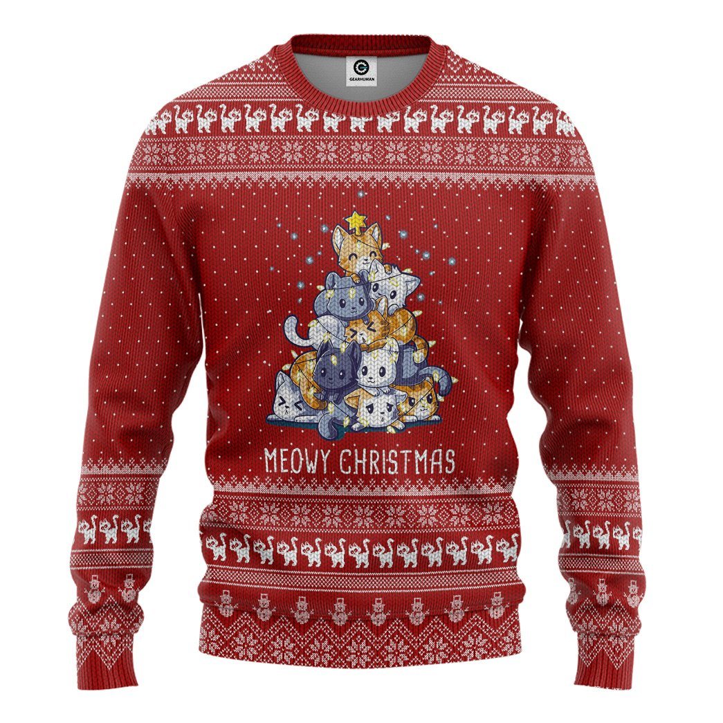 Gearhuman 3D Meowy Christmas Tree Custom Tshirt Hoodie Apparel GC04111 3D Apparel Long Sleeve S 
