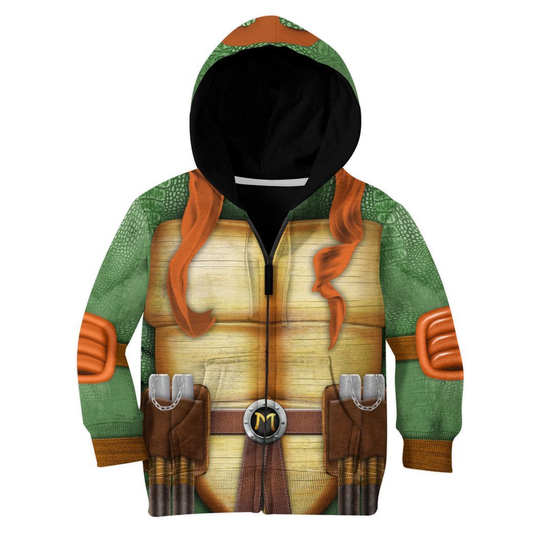 Gearhuman 3D Michelangelo TMNT Mike Mikey Cosplay Custom Kids CV07013 Kid 3D Apparel Kid Zip Hoodie XS 