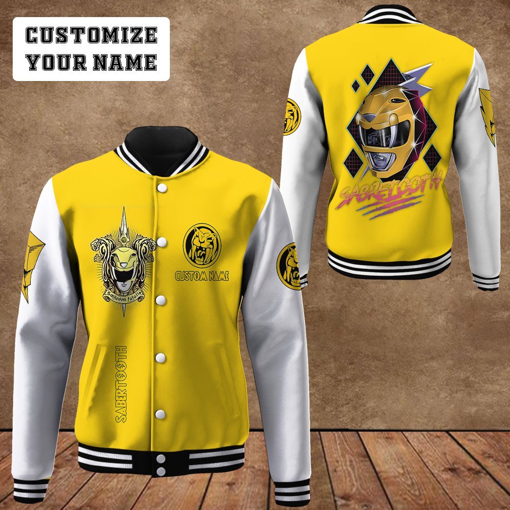 Gearhuman 3D Mighty Morphin Power Ranger Yellow Custom Name Baseball Jacket GK200113 Baseball Jacket 