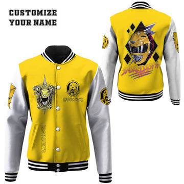 Gearhumans 3D Mighty Morphin Power Ranger Yellow Custom Name Baseball Jacket