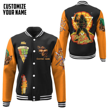 Gearhumans 3D Orange Michelangelo TMNT Mike Mikey Cosplay Custom Name Baseball Jacket