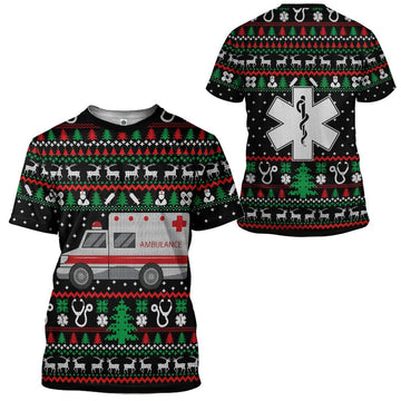 Gearhumans 3D Paramedic Logo Ambulance Ugly Christmas Sweater Custom Tshirt Apparel