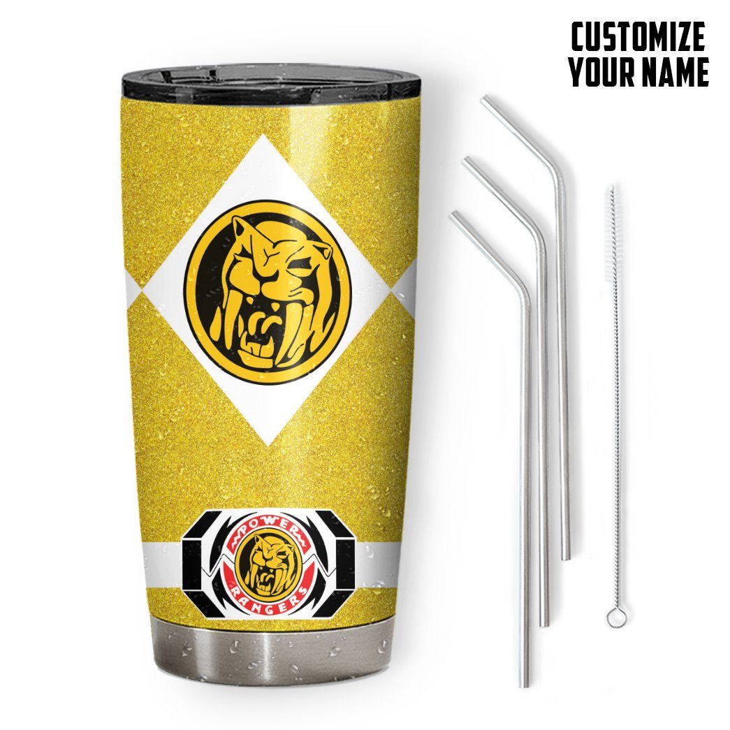 Gearhuman 3D Power Ranger Saber Tooth Yellow Custom Name Glitter Design Insulated Vacuum Tumbler GV19013 Glitter Tumbler 