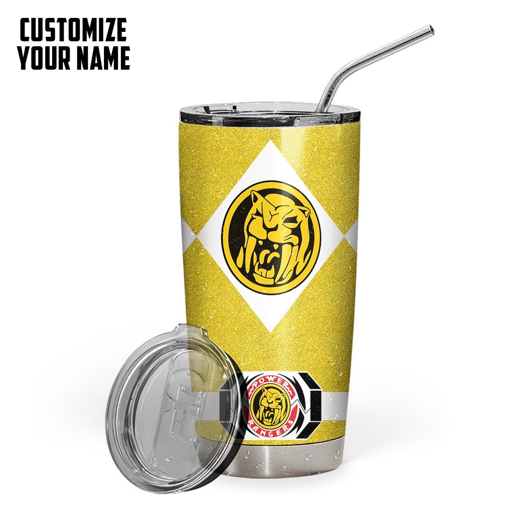 Gearhuman 3D Power Ranger Saber Tooth Yellow Custom Name Glitter Design Insulated Vacuum Tumbler GV19013 Glitter Tumbler 