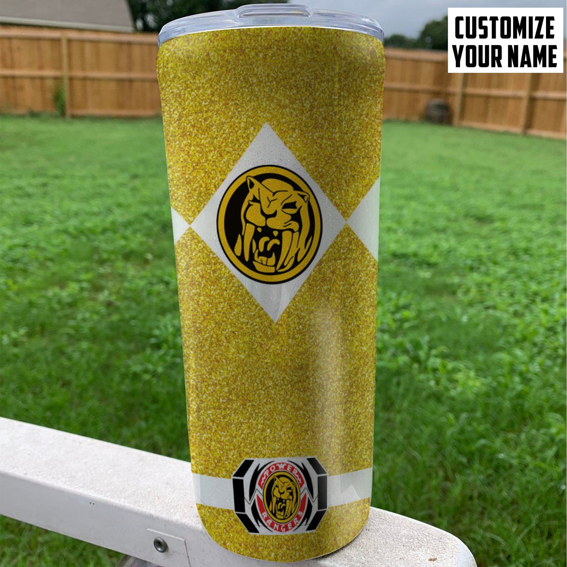 Gearhuman 3D Power Ranger Saber Tooth Yellow Custom Name Glitter Design Insulated Vacuum Tumbler GV19013 Glitter Tumbler 