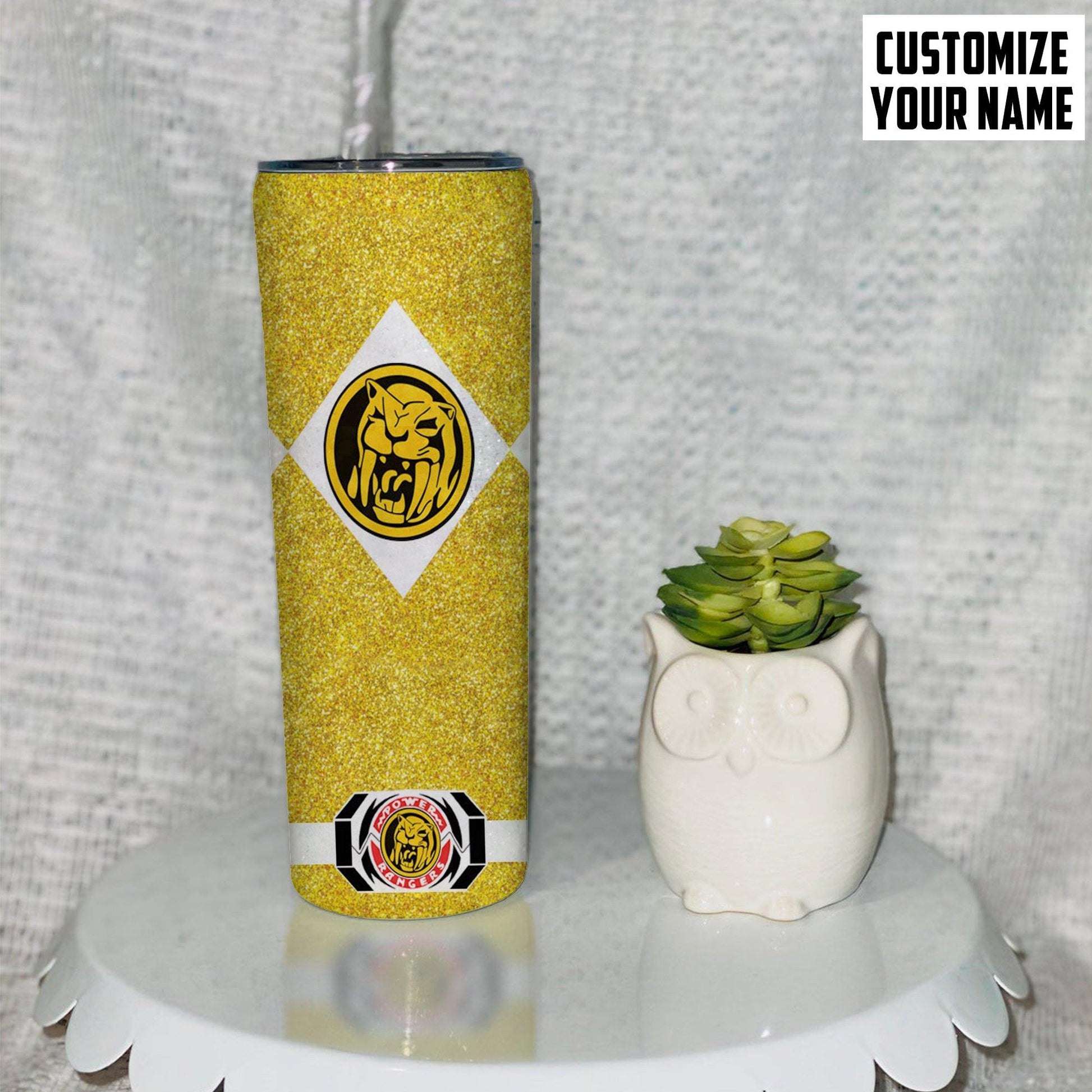 Gearhuman 3D Power Ranger Saber Tooth Yellow Custom Name Glitter Design Insulated Vacuum Tumbler GV19013 Glitter Tumbler 