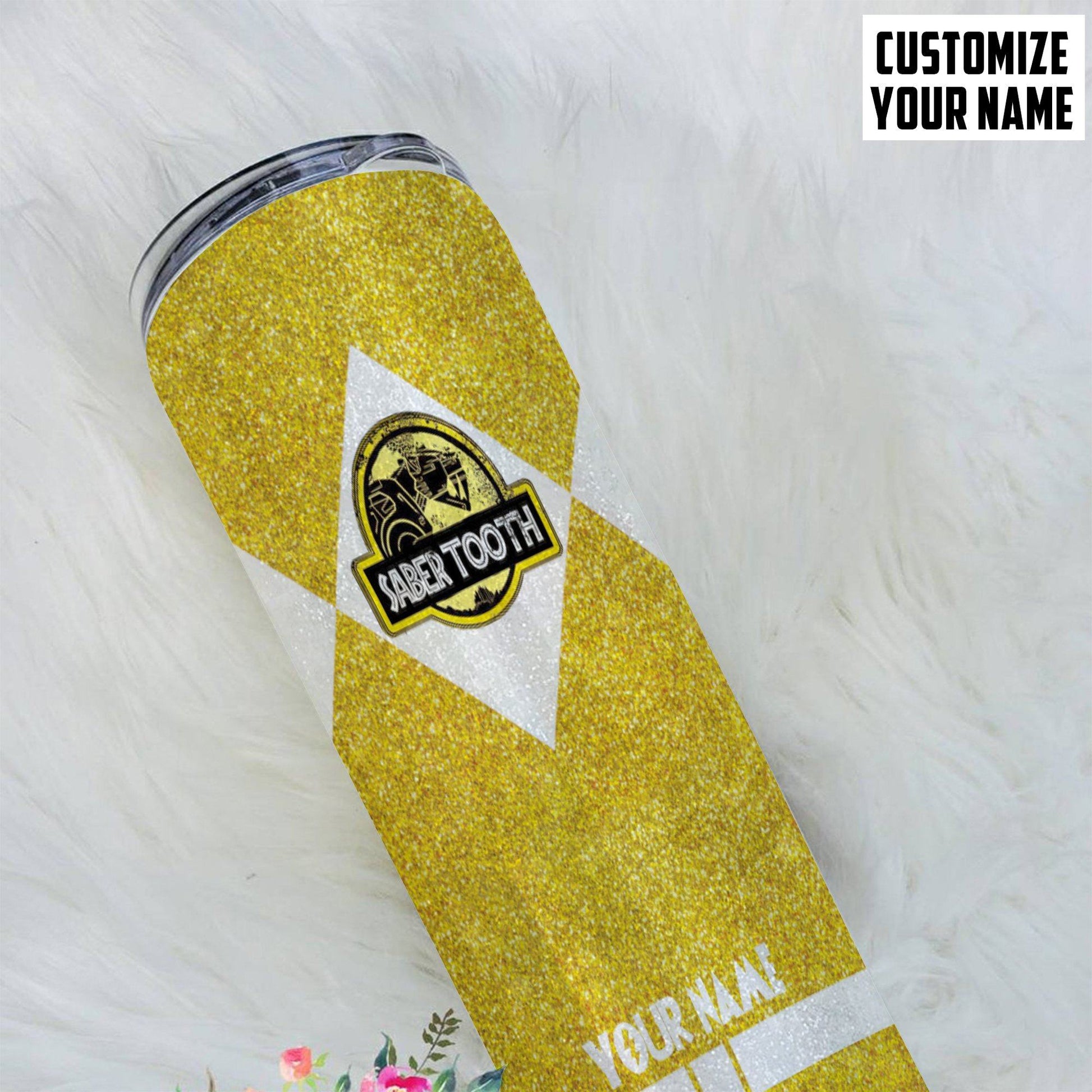 Gearhuman 3D Power Ranger Saber Tooth Yellow Custom Name Glitter Design Insulated Vacuum Tumbler GV19013 Glitter Tumbler 