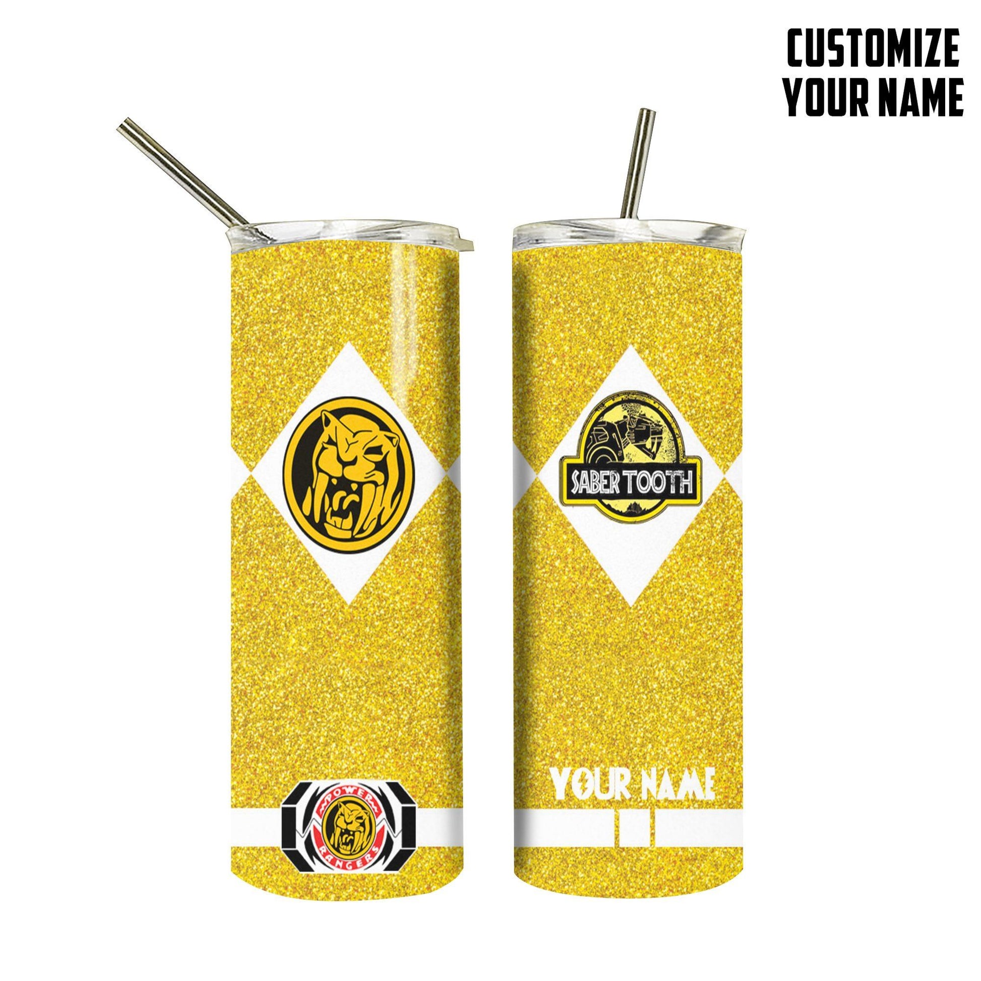 Gearhuman 3D Power Ranger Saber Tooth Yellow Custom Name Glitter Design Insulated Vacuum Tumbler GV19013 Glitter Tumbler Glitter/Long 20Oz 