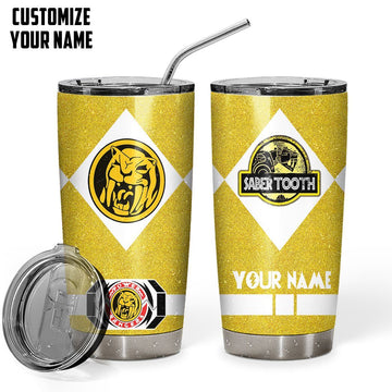 ON-Gearhumans 3D MIGHTY MORPHIN Power Ranger Saber Tooth Yellow Custom Name Glitter Design Insulated Vacuum Tumbler