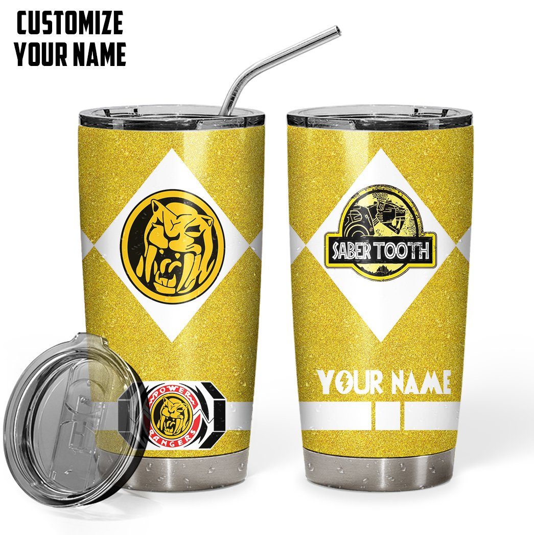 Gearhuman 3D Power Ranger Saber Tooth Yellow Custom Name Glitter Design Insulated Vacuum Tumbler GV19013 Glitter Tumbler Glitter/Short 20Oz 