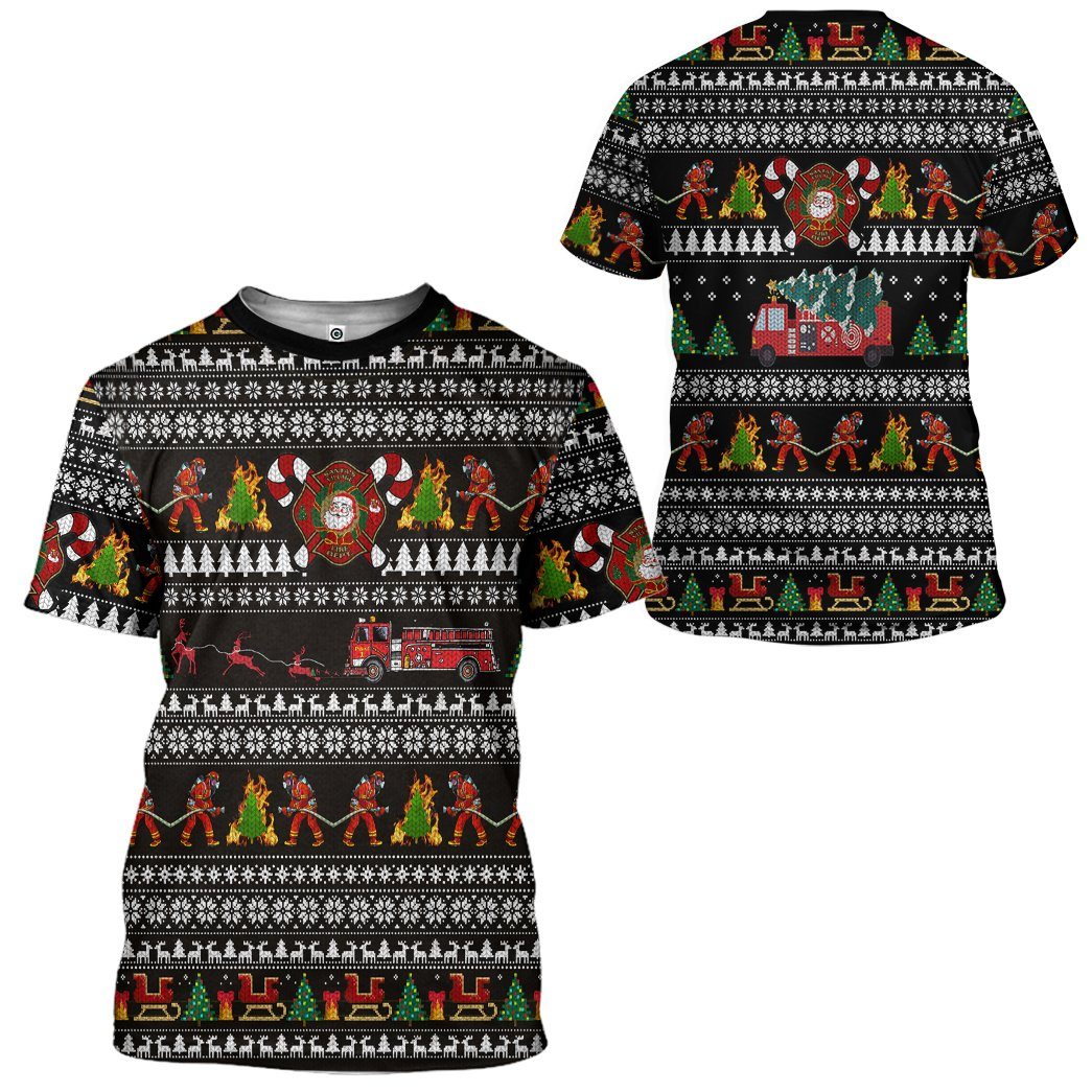 Gearhuman 3D Santa Village Firefighter Ugly Christmas Sweater Custom Tshirt Apparel GV071013 3D T-shirt 