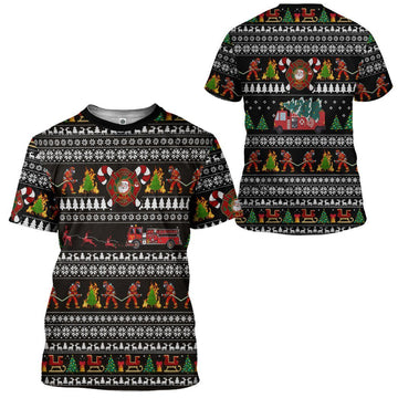 Gearhumans 3D Santa Village Firefighter Ugly Christmas Sweater Custom Tshirt Apparel
