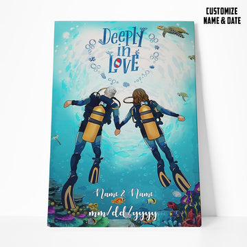 Gearhumans 3D Scuba Diving Couple Deeply In Love Custom Name Text Canvas