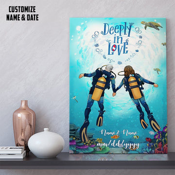 Gearhumans 3D Scuba Diving Couple Deeply In Love Custom Name Text Canvas