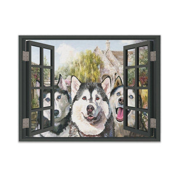 Gearhumans 3D Three Husky By The Window Canvas