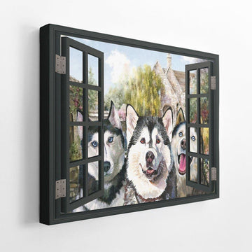 Gearhumans 3D Three Husky By The Window Canvas