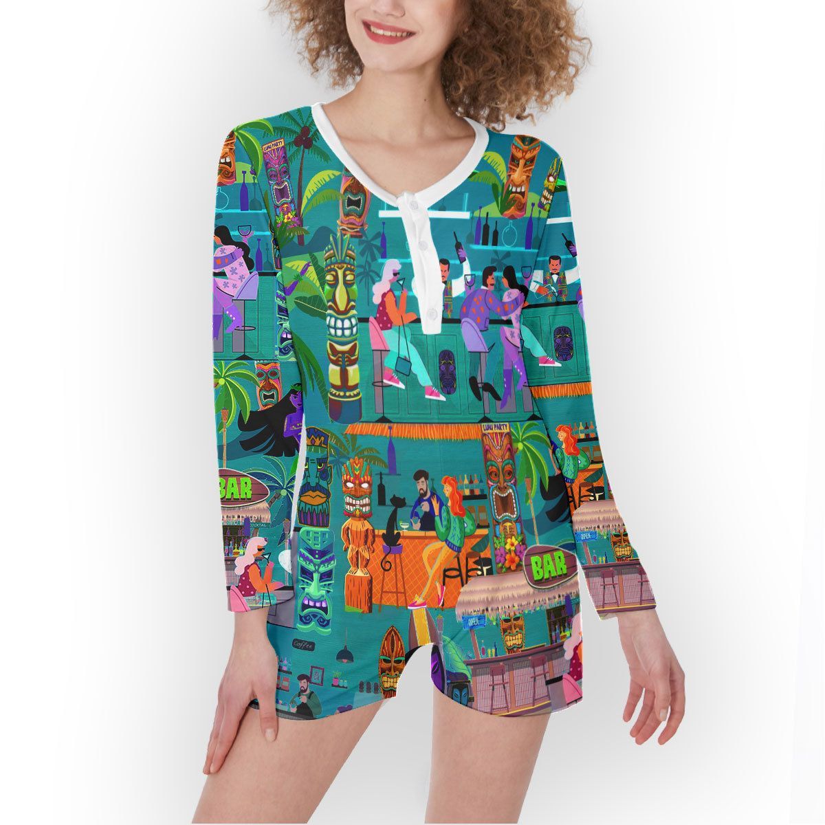 Gearhuman 3D Tiki Tiki Chilling Time In The Big Island Women One Piece Pajamas ZK0207217 One piece women pajamas One piece women pajamas S 