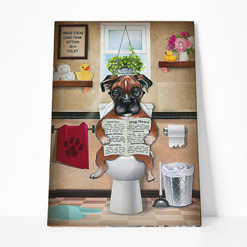 GearHuman 3D Toilet Seat Reading Newspaper Boxer Dog Canvas GR190113 Canvas 1 Piece Non Frame M
