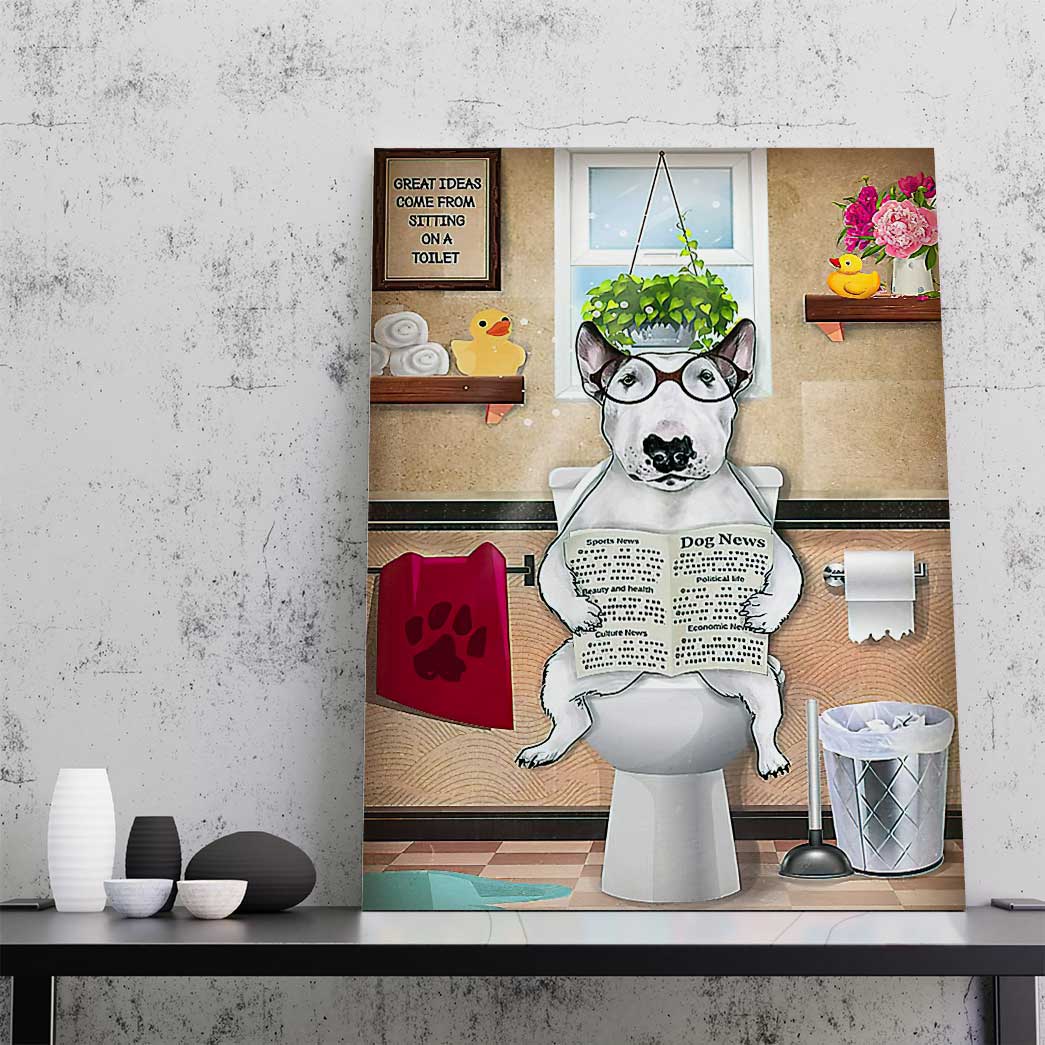 GearHuman 3D Toilet Seat Reading Newspaper Bull Terrier Dog Canvas GR190119 Canvas 