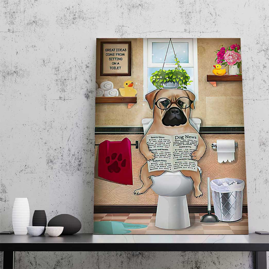GearHuman 3D Toilet Seat Reading Newspaper Bullmastiff Dog Canvas GR190114 Canvas 
