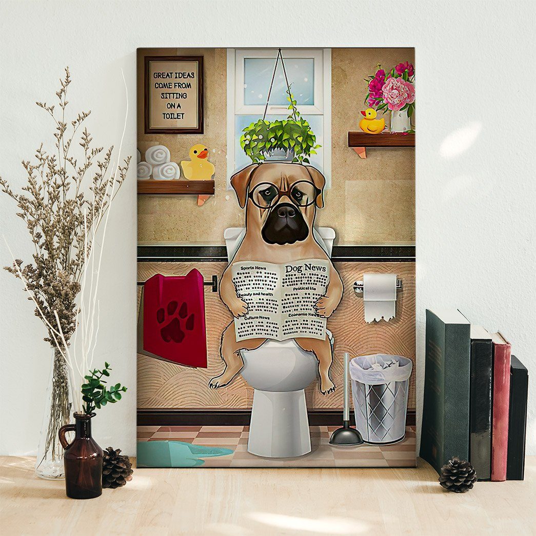 GearHuman 3D Toilet Seat Reading Newspaper Bullmastiff Dog Canvas GR190114 Canvas 