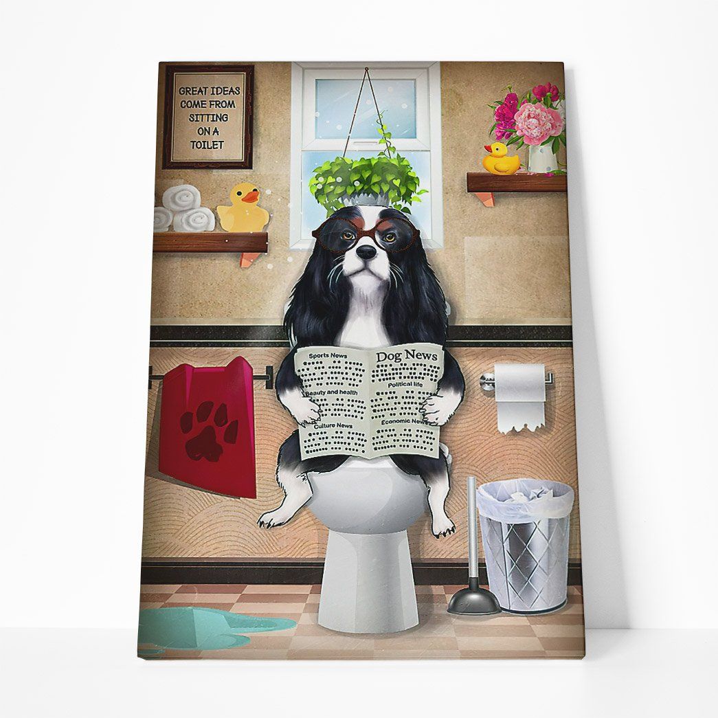 GearHuman 3D Toilet Seat Reading Newspaper Cavalier King Charles Spaniel Dog Canvas GR200128 Canvas 1 Piece Non Frame M