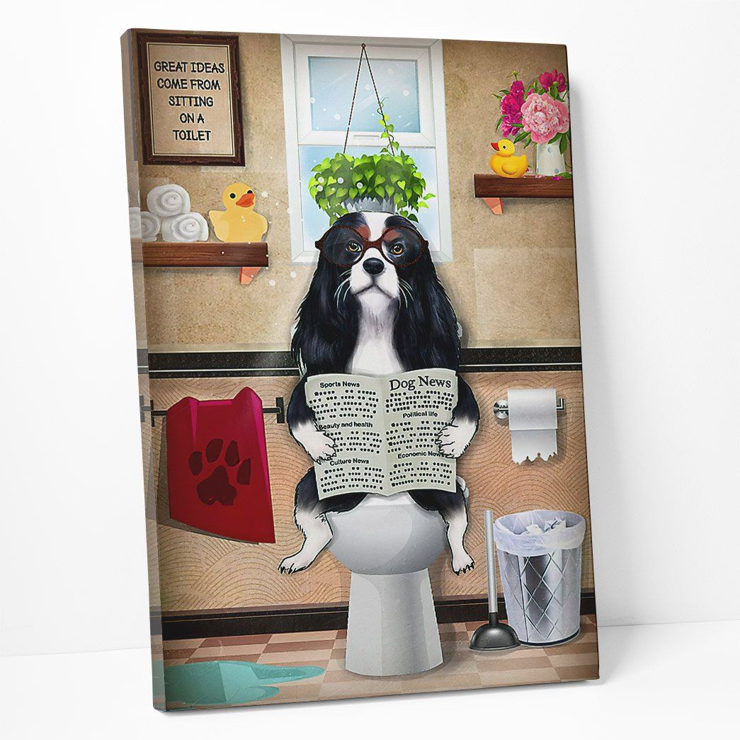 GearHuman 3D Toilet Seat Reading Newspaper Cavalier King Charles Spaniel Dog Canvas GR200128 Canvas 