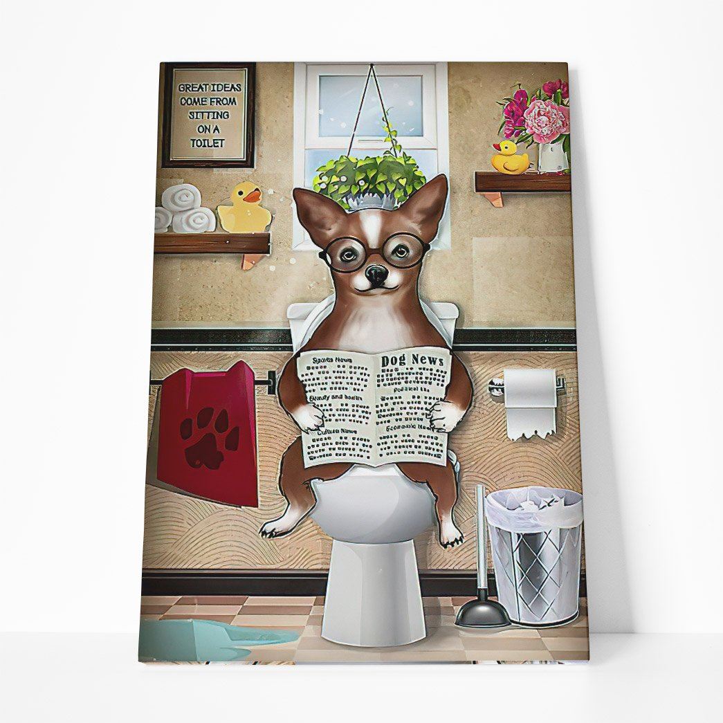 GearHuman 3D Toilet Seat Reading Newspaper Chihuahua Dog Canvas GR190115 Canvas 1 Piece Non Frame M