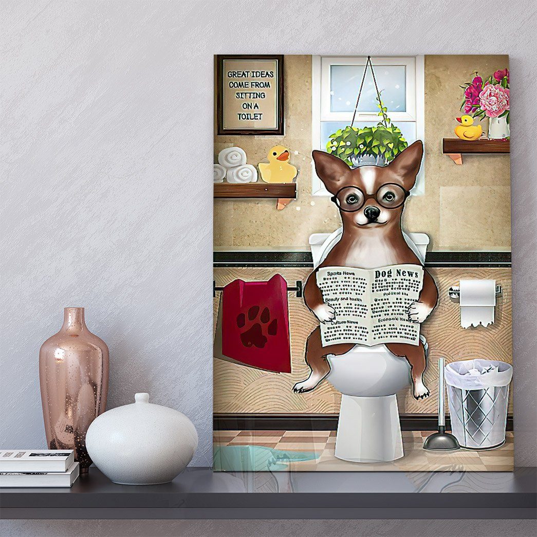 GearHuman 3D Toilet Seat Reading Newspaper Chihuahua Dog Canvas GR190115 Canvas 