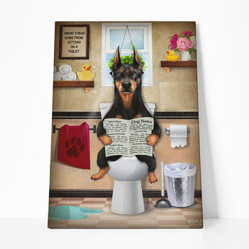GearHuman 3D Toilet Seat Reading Newspaper Doberman Dog Canvas GR19018 Canvas 1 Piece Non Frame M