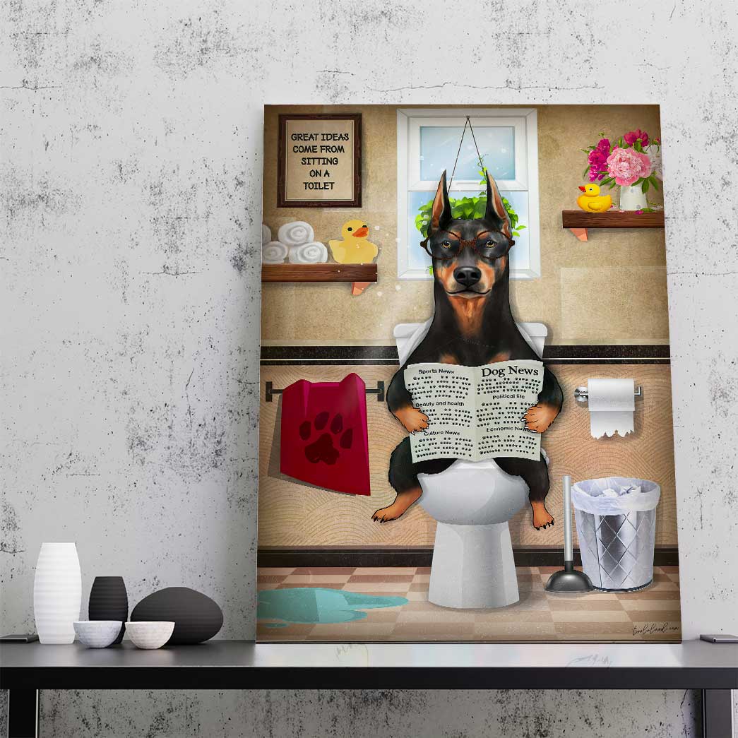 GearHuman 3D Toilet Seat Reading Newspaper Doberman Dog Canvas GR19018 Canvas 