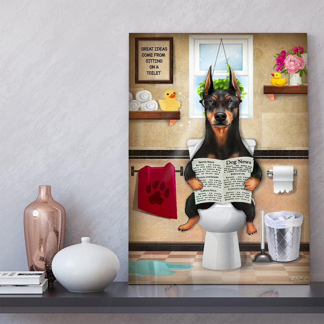 GearHuman 3D Toilet Seat Reading Newspaper Doberman Dog Canvas GR19018 Canvas 