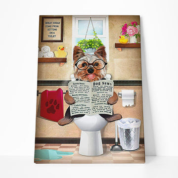 GearHuman 3D Toilet Seat Reading Newspaper Yorkshire Terrier Dog Canvas GR19088 Canvas 1 Piece Non Frame M
