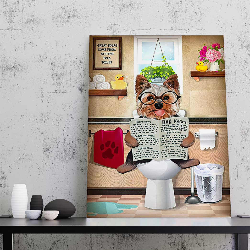 GearHuman 3D Toilet Seat Reading Newspaper Yorkshire Terrier Dog Canvas GR19088 Canvas 