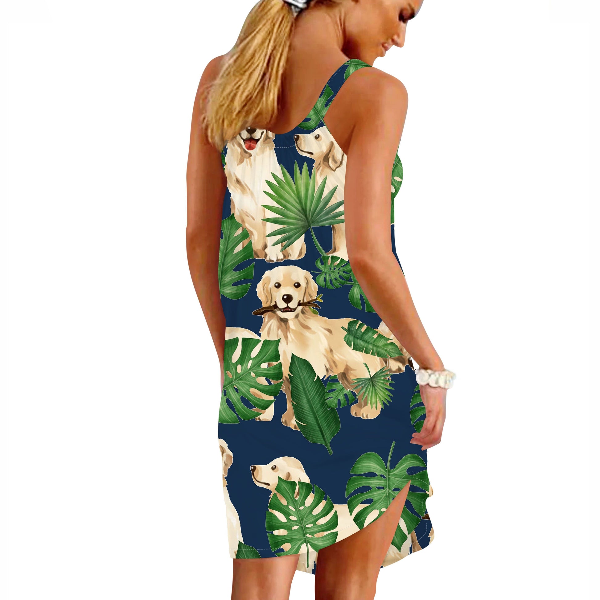 Gearhuman 3D Tropical Golden Retrievers Sleeveless Beach Dress ZK0706214 Beach Dress 