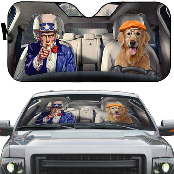 Gearhumans 3D Uncle Sam And Golden Retriever Custom Car Auto Sunshade