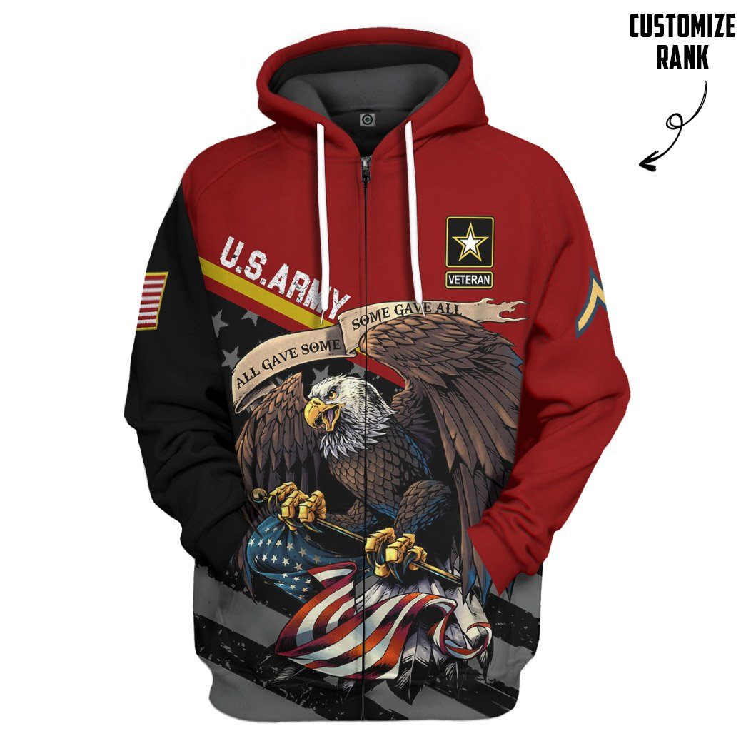 Gearhuman 3D United States Army Veteran Red Custom Rank Tshirt Hoodie Apparel GVC261023 3D Apparel Zip Hoodie S 