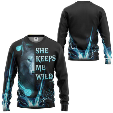 Gearhumans 3D Wolf Blue She Keep Me Wild Custom Tshirt Hoodie Apparel